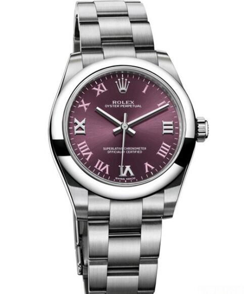 Replica Rolex Watch Women Oyster Perpetual 177200 – 70160 Steel - Red Grape Dial - Steel Bracelet
